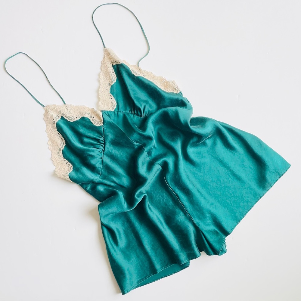 Vintage Cacique Teal Chemise with Cream Lace